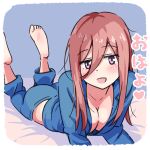  1girl :d asou_(asabu202) barefoot blush breasts cleavage go-toubun_no_hanayome hair_between_eyes highres large_breasts long_hair looking_at_viewer lying nakano_miku on_stomach open_mouth pajamas purple_eyes red_hair smile solo translated 