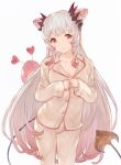  1girl bangs beige_shirt blush breasts buttoning buttons cleavage collarbone commentary cowboy_shot demon_girl demon_horns demon_tail double_bun hanarito honey_strap horns kanikama_(honey_strap) large_breasts long_hair long_pants long_sleeves looking_at_viewer multicolored_hair pajamas pants pink_hair red_eyes silver_hair simple_background smile solo standing suou_patra tail very_long_hair virtual_youtuber white_background 