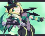  1girl akatsuki_kirika black_skirt blonde_hair blush breasts commentary_request covered_navel elbow_gloves gloves green_eyes headgear highres leotard looking_at_viewer medium_breasts parted_lips scythe senki_zesshou_symphogear shiny shiny_hair shiny_skin short_hair skin_tight skirt smile solo striped teeth yosuzu 