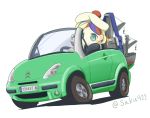  1girl beret blonde_hair blue_hair car check_commentary chibi citroen_c3 commandant_teste_(kantai_collection) commentary commentary_request crane driving ground_vehicle hat kantai_collection license_plate long_hair machinery motor_vehicle multicolored_hair partial_commentary pom_pom_(clothes) red_hair sakusan simple_background solo streaked_hair twitter_username wavy_hair white_background white_hair 