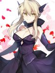  1girl artoria_pendragon_(all) artoria_pendragon_(lancer_alter) black_ribbon blonde_hair braid breasts choker cleavage cosplay cowboy_shot elbow_gloves fate/grand_order fate_(series) french_braid gloves large_breasts nikame petals ribbon ribbon_choker rose_petals saber_alter saber_alter_(cosplay) sidelocks smile solo white_background yellow_eyes 