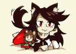  1girl animal_ears barefoot brooch brown_hair collarbone doll double_dealing_character dress head_on_hand imaizumi_kagerou jewelry long_hair long_sleeves looking_at_viewer lying monster_girl on_stomach red_eyes setz smile solo tail tail_wagging touhou werewolf wide_sleeves wolf_ears wolf_tail 
