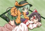  2girls :o all_fours aqua_hair black_footwear black_hair black_headwear blanket boots bow bright_pupils cheek_poking commentary_request detached_sleeves eyebrows_visible_through_hair frilled_sleeves frills green_eyes green_skirt hair_between_eyes hair_bow hair_tubes hakurei_reimu hands_together hat indoors komeiji_koishi long_ponytail long_sleeves looking_at_another lying multiple_girls on_side poking red_vest ribbon-trimmed_sleeves ribbon_trim sarashi shirt short_hair skirt sleeping smile sugiyama_ichirou tatami touhou under_covers untucked_shirt vest white_pupils yellow_shirt 