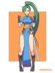  1girl asymmetrical_bangs asymmetrical_hair bangs bare_legs black_gloves blue_dress boots breasts brown_footwear clenched_hands dress earrings fingerless_gloves fire_emblem fire_emblem:_rekka_no_ken full_body gloves green_eyes green_hair high_collar jewelry katana long_hair looking_at_viewer lyndis_(fire_emblem) medium_breasts nintendo orange_background pelvic_curtain phiphi-au-thon ponytail sash short_sleeves side_slit simple_background smile solo standing sword thighs turtleneck twitter_username two-tone_background weapon white_background 