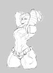  absurd_res anthro belt ber00 biceps canid canine digital_media_(artwork) fur grey_background hair hi_res humanoid long_hair looking_at_viewer male mammal metroxixarts muscular muscular_male open_mouth pecs plasmite robot_arm simple_background sketch smile solo 