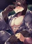  2019 666yubazi abs anthro biceps canid canine canis clothing digital_media_(artwork) fur kemono male mammal muscular muscular_male pecs simple_background 