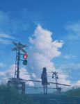  1girl blue_sky clouds highres railroad_crossing railroad_tracks sky 