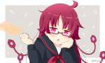  1girl bangs black_sailor_collar black_shirt blush chestnut_mouth eyebrows_visible_through_hair glasses grey_background hands_up holding kemurikusa kemurikusa_(object) long_hair long_sleeves miicha neckerchief parted_lips pink_eyes red-framed_eyewear red_hair red_neckwear ryouku_(kemurikusa) sailor_collar semi-rimless_eyewear shirt solo twitter_username two-tone_background under-rim_eyewear upper_body white_background 