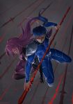  1boy 1girl black_gloves blue_bodysuit blue_hair bodysuit fate/grand_order fate_(series) full_body gae_bolg gloves grey_background grin hair_intakes hair_strand highres holding holding_spear holding_weapon lancer long_hair looking_away polearm ponytail purple_bodysuit purple_hair red_eyes reluvy scathach_(fate)_(all) scathach_(fate/grand_order) simple_background smile spear weapon 