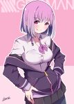  1girl :p absurdres artist_name black_legwear blush breasts copyright_name hands_on_hips highres hood hoodie medium_breasts outline pantyhose pink_background purple_eyes purple_hair purple_hoodie shinjou_akane short_hair smile solo ssss.gridman tegar32 tongue tongue_out white_outline 