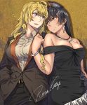  2girls :d ahoge animal_ear_fluff animal_ears artist_name bangle bangs bare_shoulders belt black_belt black_dress black_hair black_jacket blake_belladonna blonde_hair blush bracelet breasts cat_ears cleavage commentary cowboy_shot dancing dress earrings eyebrows_visible_through_hair formal grey_shirt hair_between_eyes hand_in_pocket head_tilt highres jacket jewelry large_breasts long_hair looking_at_another multiple_girls necklace off-shoulder_dress off_shoulder open_mouth purple_eyes rosa_katze rwby shirt signature slit_pupils smile suit wing_collar yang_xiao_long yellow_eyes yuri 