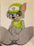  anthro anus balls bedroom_eyes bottomless brown_eyes clothed clothing cub cute_fangs erection foreskin fur grey_fur half-closed_eyes humanoid_penis kecks_(artist) male open_mouth open_smile partially_retracted_foreskin paw_patrol penis perineum rocky_(paw_patrol) seductive simple_background smile solo spread_legs spreading uncut vein veiny_penis white_background young 