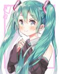  1girl akane_yuki_(yukito0306) blush detached_sleeves eyebrows_visible_through_hair green_eyes green_hair hair_between_eyes hatsune_miku highres long_hair looking_at_viewer nail_polish necktie solo steepled_fingers twintails upper_body vocaloid white_background 