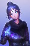  1girl absurdres apex_legends blue_eyes blue_hair bmg gloves hair_bun head_tilt highres looking_at_viewer no_pupils short_hair simple_background solo upper_body wraith_(apex_legends) 