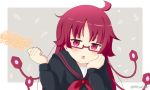  1girl bangs black_sailor_collar black_shirt blush chestnut_mouth commentary_request eyebrows_visible_through_hair glasses grey_background hands_up holding kemurikusa kemurikusa_(object) long_hair long_sleeves miicha neckerchief parted_lips red-framed_eyewear red_eyes red_hair red_neckwear ryouku_(kemurikusa) sailor_collar semi-rimless_eyewear shirt solo twitter_username two-tone_background under-rim_eyewear upper_body white_background 