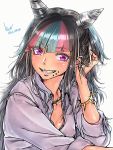  1girl black_hair blue_hair bracelet breasts chin_piercing cleavage collarbone collared_shirt covered_nipples danganronpa dress_shirt ear_piercing grin hand_in_hair highlights highres jewelry long_hair looking_at_viewer mioda_69ch mioda_ibuki multicolored_hair necklace no_bra open_clothes open_shirt piercing pink_eyes pink_hair shiny shiny_skin shirt signature simple_background small_breasts smile solo super_danganronpa_2 unbuttoned unbuttoned_shirt upper_body very_long_hair white_background white_shirt wing_collar 