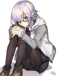  1girl blue_skirt blush boots fate_(series) glasses hair_over_one_eye hood hoodie interlocked_fingers knees_to_chest looking_at_viewer mash_kyrielight necktie nikame pantyhose purple_eyes purple_hair red_neckwear semi-rimless_eyewear skirt smile solo white_background 