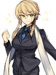  1girl artoria_pendragon_(all) artoria_pendragon_(lancer) blue_neckwear braid clenched_hand cowboy_shot fate/grand_order fate_(series) formal french_braid necktie nikame pant_suit pants sidelocks sketch smile solo sparkle_background suit white_background 