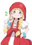  1girl blonde_hair blue_eyes bracelet braid dragon_quest dragon_quest_xi eyebrows_visible_through_hair hand_on_hip hat index_finger_raised ixy jewelry long_hair looking_at_viewer red_headwear simple_background solo twin_braids veronica_(dq11) white_background 