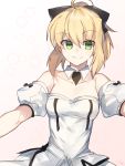  1girl ahoge artoria_pendragon_(all) bare_shoulders black_ribbon blonde_hair cowboy_shot detached_collar detached_sleeves fate/grand_order fate_(series) green_eyes hair_between_eyes hair_ribbon looking_at_viewer nikame ribbon saber_lily smile solo white_background 