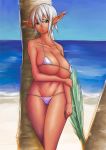  1girl beach bikini breasts cleavage dark_elf dark_skin day elf green_eyes huge_breasts kanatsuki_tatsuya looking_at_viewer micro_bikini navel original pointy_ears short_hair silver_hair solo standing swimsuit white_bikini 