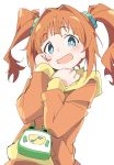  1girl :d bag bangs blue_eyes blush eyebrows_visible_through_hair hair_intakes hair_ornament hair_scrunchie handbag hands_up hood hood_down hoodie idolmaster idolmaster_(classic) ixy long_hair long_sleeves looking_at_viewer open_mouth orange_hair orange_hoodie scrunchie short_hair simple_background smile solo takatsuki_yayoi twintails upper_body white_background 