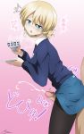  1boy 1girl black_legwear blonde_hair blue_eyes blush cum darjeeling ejaculation girls_und_panzer highres pantyhose school_uniform shoutaro_saito st._gloriana&#039;s_school_uniform tea thigh_sex translation_request 