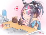  1girl alternate_hairstyle artist_name bare_shoulders black_hair blue_hair blush chocolate chocolate_heart coffee_mug commentary_request cup danganronpa ear_piercing eyebrows_visible_through_hair eyes_closed fake_horns hair_ornament hairclip heart highres hinata_hajime holding holding_chocolate horns lip_piercing long_hair milk_carton mioda_69ch mioda_ibuki mug multicolored_hair piercing pink_eyes pink_hair red_heart simple_background smile solo speech_bubble spoken_heart super_danganronpa_2 white_hair 