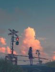 1girl clouds highres orange_sky railroad_crossing railroad_tracks sky sunset 