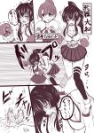  2girls boxing boxing_gloves breasts bruise bruise_on_face comic gloves injury intrepid_(kantai_collection) kantai_collection large_breasts long_hair monochrome mouth_guard multiple_girls ponytail punching rigid rigidsteed ryona saliva single_thighhigh skirt stomach_punch tears thighhighs translation_request trembling yahagi_(kantai_collection) 