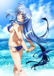  1girl ass bare_shoulders bikini blue_hair blush bracelets breasts butt_crack from_behind hair_ribbon highres large_breasts levi_russel lyrical_nanoha mahou_shoujo_lyrical_nanoha_innocent material-l older purple_eyes ribbon shiny shiny_hair shiny_skin sideboob smile solo swimsuit tappa_(esperanza) water 