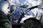  ace_combat_7 aircraft airplane cloud cloudy_sky cockpit condensation_trail explosion f-15_eagle fighter_jet helmet highres jet laser military military_vehicle ndtwofives ocean pilot_suit reflection ship signature sky su-30 tower twitter_username war watercraft 
