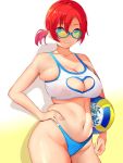  1girl ball beachball bikini boudica_(fate/grand_order) breasts cleavage fate/grand_order fate_(series) green_eyes hand_on_hip large_breasts looking_at_viewer nashipasuta navel nipples red_hair see-through shirt short_ponytail skindentation smile solo sunglasses swimsuit t-shirt thick_thighs thighs 