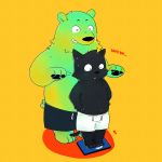  2018 anthro belly black_fur black_nose clothing duo eyes_closed fur green_fur humanoid_hands male mammal nele_chung overweight overweight_male shorts slightly_chubby text ursid 