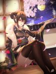  1girl arm_support bangs black_kimono black_legwear blush breasts brown_hair cherry_blossom_print cherry_blossoms cup6542 feather_boa feet_out_of_frame floral_print flower full_moon hair_between_eyes hair_bun hair_flower hair_ornament hand_up highres holding holding_pipe indoors japanese_clothes kimono kiseru knees_up long_hair long_sleeves looking_at_viewer medium_breasts moon night night_sky obi open_mouth original pantyhose petals pipe red_eyes sash shouji sidelocks sitting sky sliding_doors smile smoke smoking solo star_(sky) starry_sky tassel thighhighs wide_sleeves 