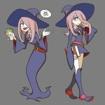  book boots hair_over_one_eye hat highres lavender_hair little_witch_academia long_hair luna_nova_school_uniform miniskirt mushroom pale_skin red_eyes runningpigeon73 school_uniform sharp_teeth skirt skull_and_crossbones speech_bubble sucy_manbavaran teeth wide_sleeves witch witch_hat 