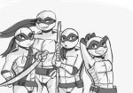  2019 anthro bandanna belt blue_eyes bo_staff clothed clothing donatello_(tmnt) elbow_pads eye_scar facial_scar group half-closed_eyes hands_behind_head holding_object holding_weapon inkyfrog leonardo_(tmnt) looking_at_viewer male mask melee_weapon michelangelo_(tmnt) notched_shell nunchaku orange_eyes partially_colored purple_eyes raised_arm raphael_(tmnt) red_eyes reptile scalie scar scratch shell simple_background smile standing sword teenage_mutant_ninja_turtles turtle weapon white_background wraps wrist_wraps 