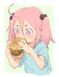  1girl ahoge eating edisonabismo female food hamburger happy_(eds) highres holding holding_food lettuce original pink_eyes pink_hair solo tomato twintails 