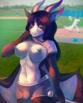  anthro baseball_bat bat_(object) breasts bulge clothed clothing dickgirl dragon eri-yo flashing hair hi_res horn intersex looking_at_viewer nipples outside sheera_castellar solo_focus standing wings 