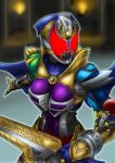  1girl armor belt breastplate breasts cape commentary gauntlets gloves glowing glowing_eyes helmet highres kamen_rider kamen_rider_dcd kamen_rider_kivala medium_breasts purple_cape red_eyes shoulder_armor solo solo_focus tagme what_if yuuyatails 