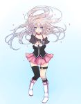  1girl :d ahoge asymmetrical_legwear black_choker blue_background blue_eyes boots choker crop_top eyebrows_visible_through_hair floating_hair full_body gradient gradient_background grey_shirt hair_between_eyes hands_together happy highres ia_(vocaloid) knee_boots kneehighs knees_together_feet_apart long_hair long_sleeves looking_at_viewer open_mouth petals pink_skirt pleated_skirt shirt short_over_long_sleeves short_sleeves silver_hair single_kneehigh single_thighhigh sio_pure skirt smile solo spaghetti_strap standing string_choker thigh_strap thighhighs very_long_hair vocaloid white_legwear 