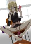  1girl absurdres barefoot blonde_hair blue_eyes cellphone chair feet footjob hair_twirling hayasaka_ai highres jewelry kaguya-sama_wa_kokurasetai_~tensai-tachi_no_renai_zunousen~ long_hair necklace panties panties_around_leg panties_removed parted_lips phone pussy side_ponytail sitting smartphone toes underwear 