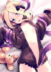  1girl abigail_williams_(fate/grand_order) bandaid bandaid_on_forehead bandaids_on_nipples bangs black_bow black_jacket blonde_hair blue_eyes blush bound bound_arms bow breasts crossed_bandaids fate/grand_order fate_(series) forehead hair_bow hair_bun heroic_spirit_traveling_outfit jacket long_hair long_sleeves looking_at_viewer lying navel on_back open_clothes open_jacket open_mouth orange_bow parted_bangs pasties restrained sleeves_past_fingers sleeves_past_wrists small_breasts solo stuffed_animal stuffed_toy teddy_bear tentacle tranquillianusmajor zipper_pull_tab 
