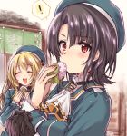  ! 2girls atago_(kantai_collection) beret black_gloves black_hair blonde_hair blue_headwear breasts commentary_request eating eyes_closed food gloves gloves_removed hat highres kantai_collection kuroi_mimei large_breasts long_hair military military_uniform mochi multiple_girls red_eyes sakura_mochi short_hair single_glove spoken_exclamation_mark stall takao_(kantai_collection) uniform upper_body wagashi 
