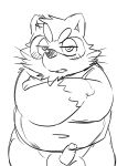  2019 absurd_res anthro balls belly big_balls blush canid canine cute_fangs erection hi_res humanoid_hands humanoid_penis male mammal overweight overweight_male penis raccoon_dog simple_background solo tanuki tiri_mama 