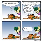  2019 4_panel_comic anthro black_nose canid canine clothed clothing comic digital_media_(artwork) domestic_cat felid feline felis female fox fur green_eyes green_hair hair male mammal orange_fur simple_background sonicpegasus yellow_fur 