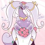  ! &lt;3 &lt;3_eyes 2019 antennae anthro areola big_breasts big_tail biped blush blush_sticker bouquet breasts bride cleavage clothed clothing cobat dialogue dragon dress english_text eyelashes female flower front_view fully_clothed goober_(cobat) goodra gooey green_eyes happy hi_res holding_object huge_breasts inverted_nipples legwear light_skin long_tail looking_at_viewer multicolored_skin nintendo nipples non-mammal_breasts noseless open_mouth open_smile pale_skin plant pok&eacute;mon pok&eacute;mon_(species) purple_areola purple_nipples purple_skin scalie sheer_clothing signature simple_background slime smile solo tendrils text thick_thighs thigh_highs translucent transparent_clothing two_tone_skin video_games voluptuous wedding_dress wet wet_clothing white_clothing white_pupils wide_hips 