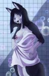  anthro black_hair black_nose breasts bubble canid canine clothed clothing eri-yo female hair hi_res looking_at_viewer mammal nipples one_breast_out partially_clothed solo standing tile towel 