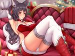  1girl animal_ears backless_outfit bell black_hair blush box breasts chair christmas christmas_tree cleavage commentary_request erune gift gift_box gloves granblue_fantasy ilsa_(granblue_fantasy) large_breasts long_hair meropan panties pantyshot ponytail red_eyes red_footwear red_gloves sack sitting solo thighhighs underwear white_legwear white_panties 