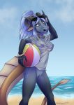  anthro areola ball beach beach_ball bovid breasts capricorn chezza clothed clothing ear_piercing eyewear female fur glasses hair horn long_hair looking_at_viewer mammal markings nipples partially_clothed piercing ponytail seaside smile solo thalislixeon yellow_eyes 